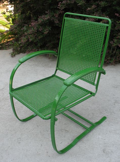 1930s Howell Cane Bouncer. Outdoor Patio Table And Chairs, Vintage Metal Glider, Old Metal Chairs, Retro Patio Furniture, Wrought Iron Patio Set, Patio Table And Chairs, Metal Lawn Chairs, Vintage Metal Chairs, Eames Dining Chair