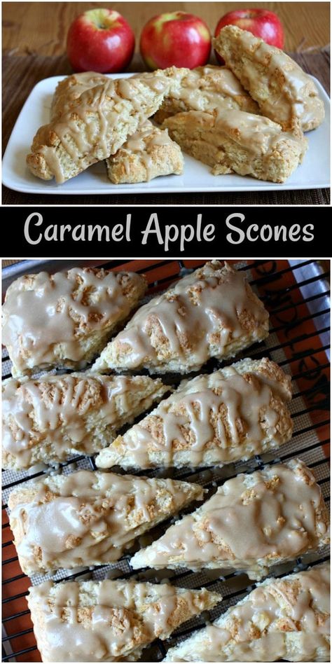 Caramel Apple Scones recipe from RecipeGirl.com #caramel #apple #scones #recipe #breakfast #brunch #RecipeGirl Scones Christmas, Caramel Scones, Apple Scones Recipe, Snickers Torte, Breakfast Scones, Apple Scones, Baking Scones, Scones Recipe Easy, Homemade Scones