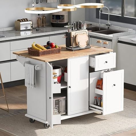 Amazon.com: GLANZEND Kitchen Island Cart with Drop Leaf, 53.9" Rolling Kitchen Island on Wheels with Drawer & 3-Tier Pull Out Cabinet Organizer, Kitchen Storage Cart with Spice Rack, Towel Rack, White : Home & Kitchen Kitchen Island With Drop Leaf, White Kitchen Cart, Drop Leaf Kitchen Island, Kitchen Carts On Wheels, Pull Out Cabinet, Rolling Kitchen Cart, Kitchen Island On Wheels, Kitchen Storage Cart, Rolling Kitchen Island