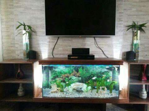 Entertainment Center With Fish Tank, Tv Cabinet With Aquarium, Tv Wall Design With Aquarium, Tv Unit With Aquarium Design, Tv Unit With Fish Tank, Large Fish Tank Ideas Living Rooms, Aquarium Under Tv, Tv Showcase Design, Tv Rack Design