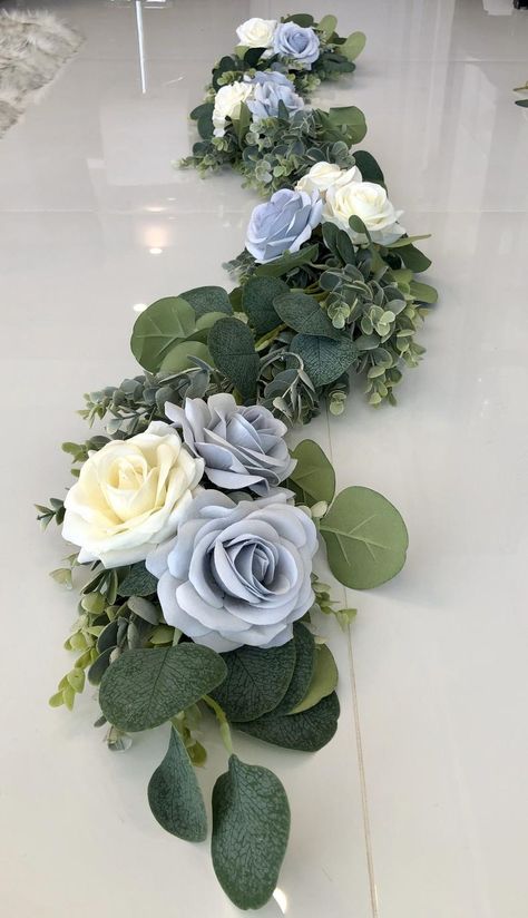 White Rose Garland, Lambs Ear Garland, Ivory Rose Bouquet, Blue Wedding Centerpieces, Artificial Eucalyptus Garland, Blue Garland, Blue Centerpieces, Blue Table Runner, Light Blue Wedding