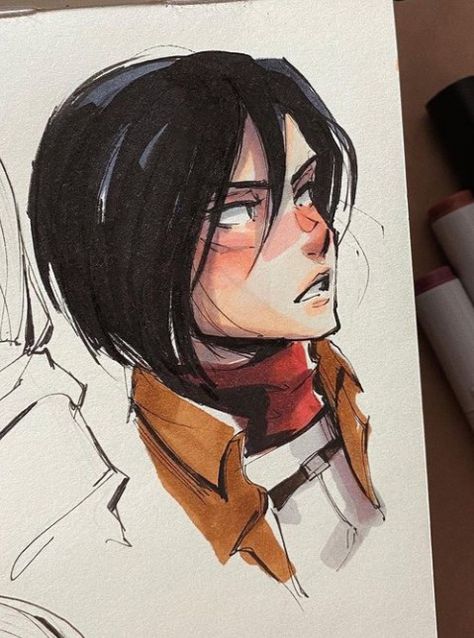 Marker Drawing Character, Marker Character Art, Aot Art Style, Mikasa Sketch, Mikasa Drawing, Find Your Art Style, Copic Art, Art Study, Mikasa Ackerman