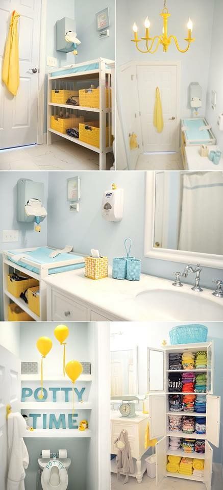 Blue & yellow kids rubber duck bathroom with basket storage & cloth diaper hutch Rubber Ducky Bathroom, Bathroom Ideas For Kids, Rubber Duck Bathroom, Duck Bathroom, Kids Bathroom Makeover, Bathroom Decor Themes, Yellow Kids, Kb Homes, Baby Bathroom