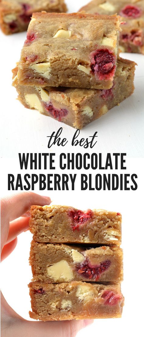 OH my word! These are the BEST blondies i've ever had! They're perfectly buttery with plenty of brown sugar and stuffed with white chocolate and raspberries. Recipe from sweetestmenu.com #blondies #chocolate #raspberries Best Blondies, Raspberry Blondies, Chocolate Raspberry Brownies, Raspberry Brownies, Chocolate And Raspberry, White Choc, White Chocolate Raspberry, Bar Recipes, Facebook Video