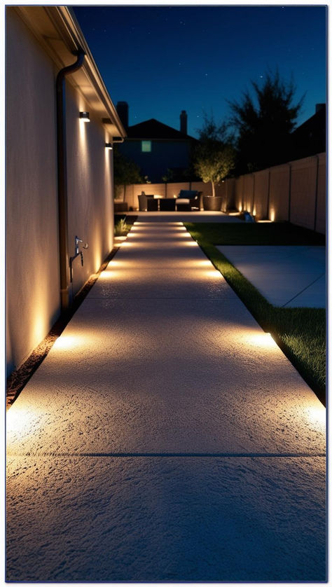 A modern concrete walkway with clean lines, surrounded by minimalist landscaping and subtle lighting for a contemporary outdoor look. Backyard Concrete Walkway Ideas, Pathway Next To Driveway, Decorative Driveway Ideas, Cement With Grass In Between, Front Yard Lighting Ideas, Walkway Design Ideas, Front Yard Lighting, Modern Landscape Design Front Yard, Landscape Pathway Lighting