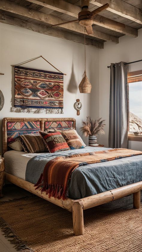 29 Boho Bedroom Bed Ideas 6 Navajo Bedroom, Bedroom Bed Ideas, India Inspired Bedroom, Boho Bedroom Bed, Stylish Small Bedroom, Dark Boho Bedroom, Bed Nook, Fall Bedroom Ideas, Minimalist Bed