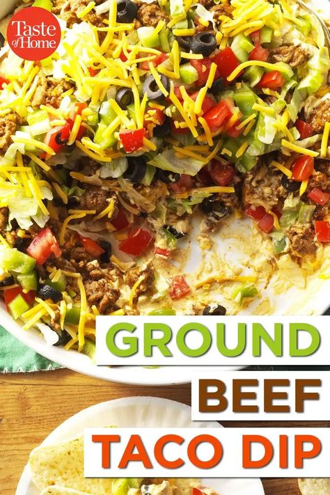 23 Amazing Cream Cheese Appetizers Beef Taco Dip, Ground Beef Taco Dip, Taco Dip With Meat, Superbowl Food Appetizers, Ground Beef Taco, Layered Taco Dip, Taco Dip Recipe, Beef Dip, Ground Beef Stroganoff