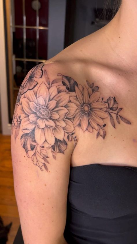 Tattoo | Front shoulder tattoos, Flower tattoo shoulder, Floral tattoo shoulder Shoulder Piece Tattoo, Top Of Shoulder Tattoo, Front Shoulder Tattoos, Shoulder Cap Tattoo, Shoulder Sleeve Tattoos, Body Tattoo Design, Butterfly Tattoo On Shoulder, Floral Tattoo Shoulder, Tattoo Shoulder