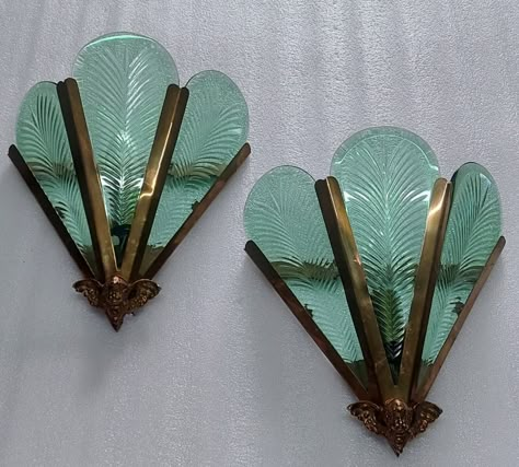 Pair Vintage Art Deco Nouveau Brass Glass Fixture Slip Shade Wall Sconces Lamp | eBay Ship Light, Lampe Art Deco, Green Art Deco, Shade Wall, Art Deco Bedroom, Art Deco Bathroom, Deco Bedroom, Art Deco Decor, Deco Decor