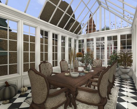 Bloxburg Conservatory, Bloxburg Hampton House, Bloxburg Sunroom, Bloxburg Greenhouse, Bloxburg Dining Room, Bloxburg Library, Bloxburg Interior, Bloxburg Victorian House, Cottage Core Bloxburg House