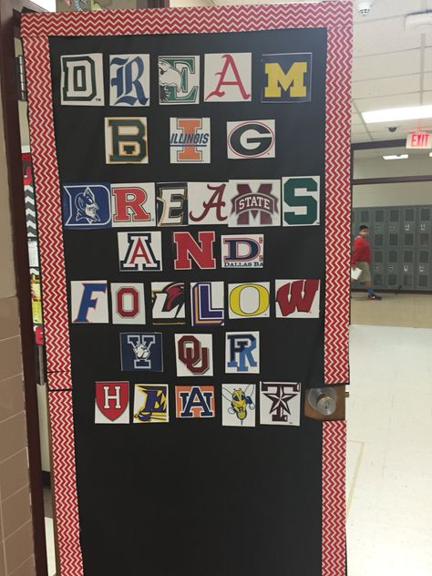 College and Career Week Door Decorating Contest. I'm pretty proud of this! College And Career Week, Classroom Door Decorating Contest, High School Door, Door Decorations College, Classroom Door Decorating, College Bulletin Boards, Sports Theme Classroom, College Classroom, Sports Classroom