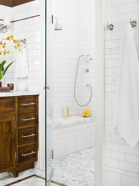 Clean and bright Brown Vanity, Color Bathroom Design, Walnut Vanity, Subway Tile Showers, Bathroom Design Styles, Brown Tile, Dark Marble, White Bathroom Designs, Tile Remodel