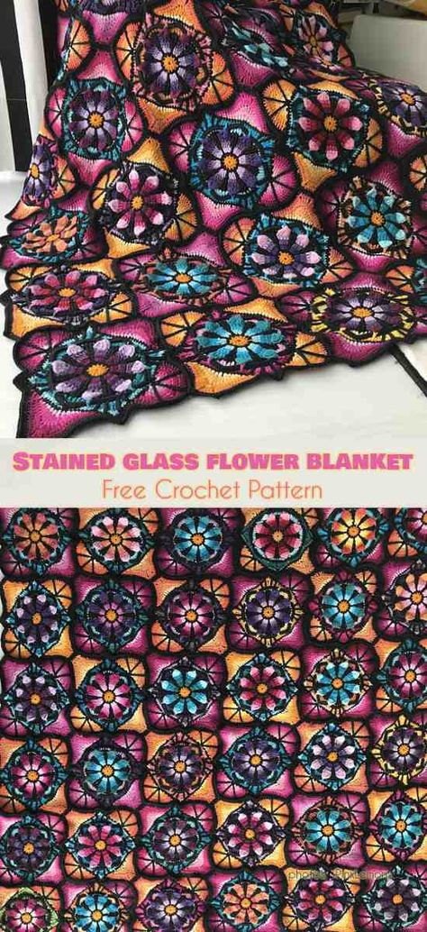 Stained Glass Flower Blanket Free Crochet Pattern #freecrochetpatterns #crochetblanket #crochetflowers Stained Glass Crochet, Crochet Rug Patterns Free, Granny Square Häkelanleitung, Stained Glass Flower, Crochet Rug Patterns, Crochet For Beginners Blanket, Flower Blanket, Stained Glass Flowers, Manta Crochet