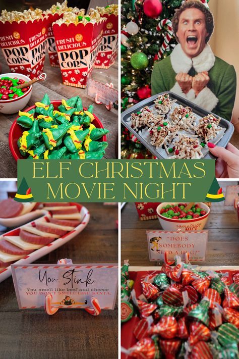 Christmas movie night party Elf Themed Breakfast, Elf Viewing Party, Buddy Elf Party Ideas, Elf Christmas Movie Night, Christmas Movie Nights For Kids, Elf Movie Night Free Printable, Buddy The Elf Dessert Ideas, Buddy The Elf Recipes, Elf Family Movie Night