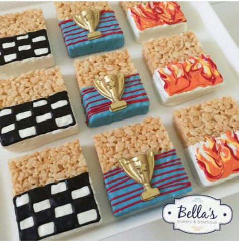 Rice Krispies Rice Krispie Treats Cars Theme, Hot Wheels Rice Krispies, Car Rice Krispie Treats, Race Car Rice Krispy Treats, Race Car Birthday Dessert Table, Race Car Themed Desserts, Disney Cars Desserts, Race Car Treats, Rice Krispie Treats Birthday