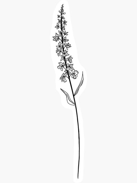 "July Birth Month Flower | Larkspur" Sticker by ekwdesigns | Redbubble Larkspur Drawing July Birth Flowers, Flower For July Birth, Larkspur Flower Tattoo Spine, July Month Flower Tattoo, July Birth Symbols, Larkspur Black And White Tattoo, Waterlilly Tattoo Drawing, Larkspur Finger Tattoo, July Birth Flower Drawing