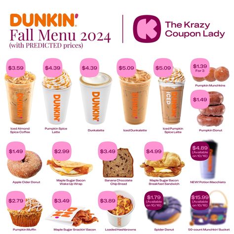 The Krazy Coupon Lady | Dunkin’s fall menu is HERE 😍🍂☕ Share this post with your friends who love Dunkin’. Click the LINK IN BIO for details on the menu AND the… | Instagram Dunkin Fall Menu 2024, Dunkin Donuts Food Order, Fall Dunkin Orders, Dunkin Hot Coffee Order, Dunkin Fall Drinks, Dunkin Coffee Order Ideas, Dunkin Recipes, Donkin Donuts, Dunkin Donuts Menu