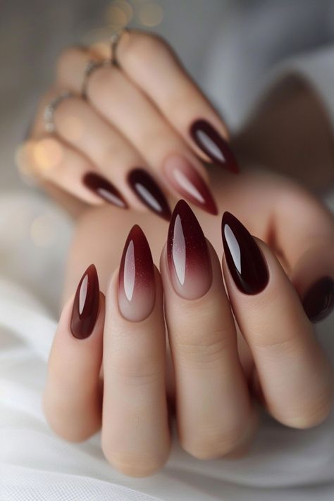 Classy Nails Ombre Simple, Trendy Metallic Nails, Transparent Nails Ideas, Smokey Tip Nails, Boho Nails Almond Shape, Ombré Gel X Nails, Fall Modern Nails, Burgundy Ombre Nail Ideas, Nails For Fall Wedding Bridesmaid