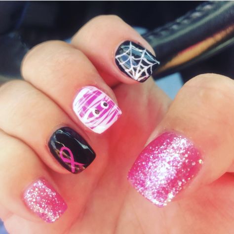 Halloween Design Nails Acrylic, October Toenail Ideas, Pink Ribbon Halloween Nails, Pink Halloween Gel Nails, Easy Pink Halloween Nails, Breastcancerawareness Nail Ideas, Pink Fall Nails Acrylic, Pink Nails For October, Pink Spooky Nails Short