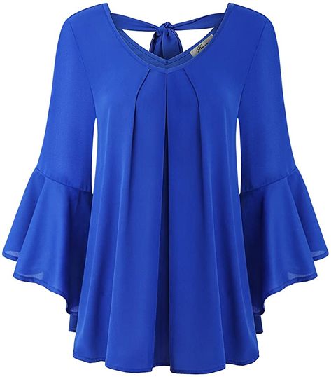 JCZHWQU Women's Cute V Neck 3/4 Bell Sleeve Pleated Front Chiffon Blouse at Amazon Women’s Clothing store Pleated Chiffon Blouse, Blouse Simple, Steampunk Stuff, Spring Blouse, Cute V, Chiffon Tops Blouses, Bell Sleeve Shirt, Spring Blouses, Simple Blouse