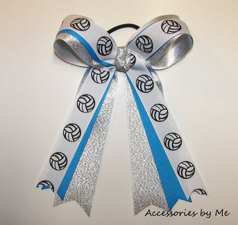 Volleyball Hair Bow Copen Blue Silver Ribbon by accessoriesbyme, $13.99 Volleyball Hair Ribbons, Volleyball Diy, Volleyball Awards, Volleyball Ribbon, Volleyball Hair Bows, Sports Wife, Soccer Hair Bows, Sports Hair Bows, Volleyball Bows