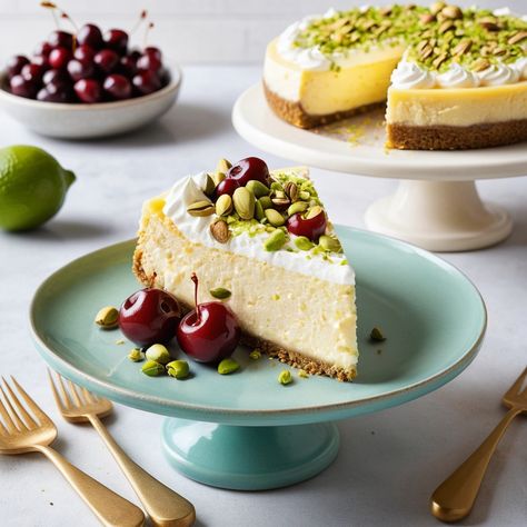 🍋🍒💚 Luscious Lemon-Lime Cherry Pistachio Cheesecake 💚🍒🍋 Craving a refreshing dessert? Try this creamy cheesecake bursting with zesty lemon-lime flavors, sweet cherries, and crunchy pistachios. The perfect treat for any occasion! Ingredients: Graham cracker crust, cream cheese, sugar, eggs, fresh lemon & lime juice, zest, cherries, pistachios, and whipped cream. Instructions: Prepare the crust and bake. Mix cream cheese filling with lemon, lime, and zest. Fold in cherries and pistachios, b... Cherry Pistachio, Pistachio Cheesecake, Cracker Crust, Refreshing Desserts, Sugar Eggs, Creamy Cheesecake, Sweet Cherries, Cream Cheese Filling, Graham Cracker Crust