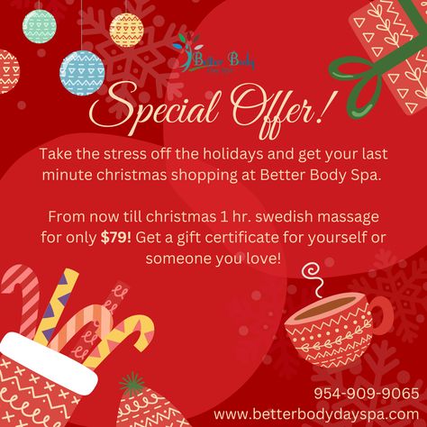 Special offer!!! Right now our 1 hour swedish massage is on sale for only $79! Purchase a gift certificate for you and a loved one this holiday season! Give us a call at 954-909-9065 to schedule an appointment today! #massage #spa #fortlauderdale Holiday Massage Specials, Christmas Massage Specials, Christmas Massage, Massage Quotes, Therapy Business, Spa Specials, Massage Therapy Business, Basic Art, Massage Candle