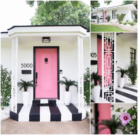 Paige's Palm Springs Inspired Patio - Style Duplicated Boho Front Porch Decor, Boho Front Porch, Pink Front Door, Lion Door Knocker, Palm Beach Style, Welcome To My House, Pink Door, Patio Style, Front Porch Decor