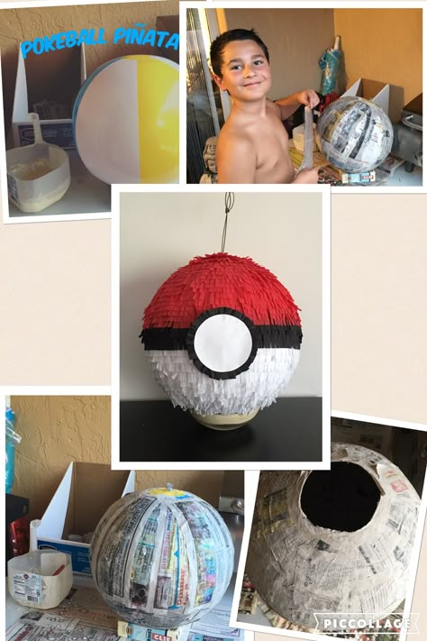 How to make a Pokeball Piñata for a Pokemon birthday party. How said piñatas are only fun for the kids? My son and I had a lot of fun during the piñata making. It was very simple to make (the paper machê I used was 1 part of white flour to 1 part of water) and durable. After watching a few videos on YouTube we decided to make 6 layers of paper. I feel that it was a good amount to outlast 10 year old boy's hit. Pokemon Party Ideas, Pokémon Birthday Party, Pokemon Themed Party, Pokémon Birthday, Pokémon Party, Piñata Ideas, Pokemon Ball, Pokemon Craft, Pokemon Birthday Party