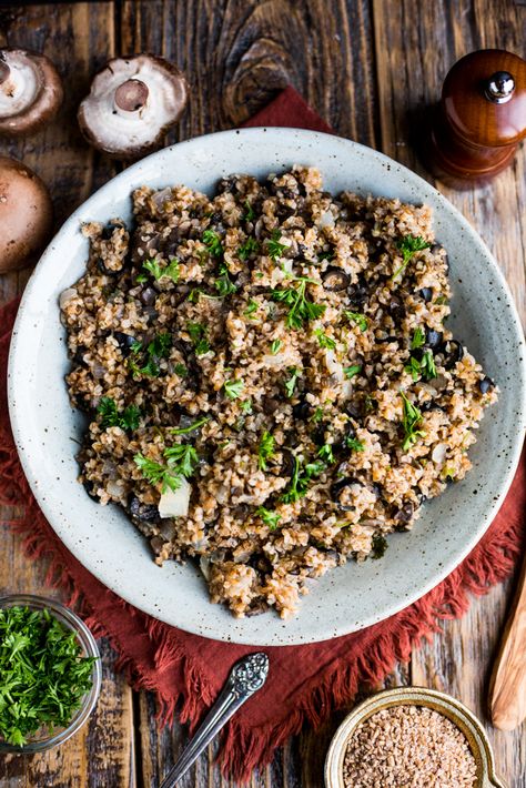 Bulgur Pilaf, Pancakes And Bacon, Over Easy Eggs, Brunch Recipe, Olive Relish, Dried Mushrooms, Black Olives, Fresh Oregano, Parmigiano Reggiano