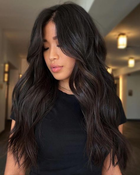 Dark Hair With Texture, Long Black Hair With Dimension, Long Brown Hairstyles Ideas, Layers In Ponytail, Ponytail Pieces Haircut, Thick Wavy Haircuts Long, Beach Waves Dark Hair, Brown Hair Black Highlights, Long Textured Haircut Layered Cuts