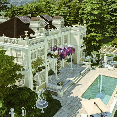 Celebrity House Exterior, Old Money House The Sims 4, Sims 4 Regency House, Arch Sims 4 Cc, Sims 4 Celebrity Home, Country Sims 4, Sims4 Mansion, Sims 4 Copperdale House, Sims4 Houses Ideas Floor Plans