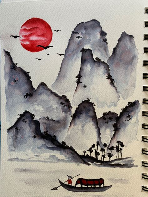 Chinese Canvas Painting, Easy Chinese Painting, Line Art Drawings Watercolor, Chinese Watercolor Landscape, Chinese Inspired Painting, Ink Wash Painting Landscape, Japanese Style Art Illustrations, Simple Chinese Painting, Chinese Cultural Art