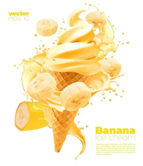 Isolated banana soft ice cream cone with splash Ice Cream Motion Graphics, Cream Poster, Soft Ice Cream, Ice Cream Poster, Ideas Habitaciones, Ad Banner, Vector Technology, Banana Ice Cream, Creamed Corn