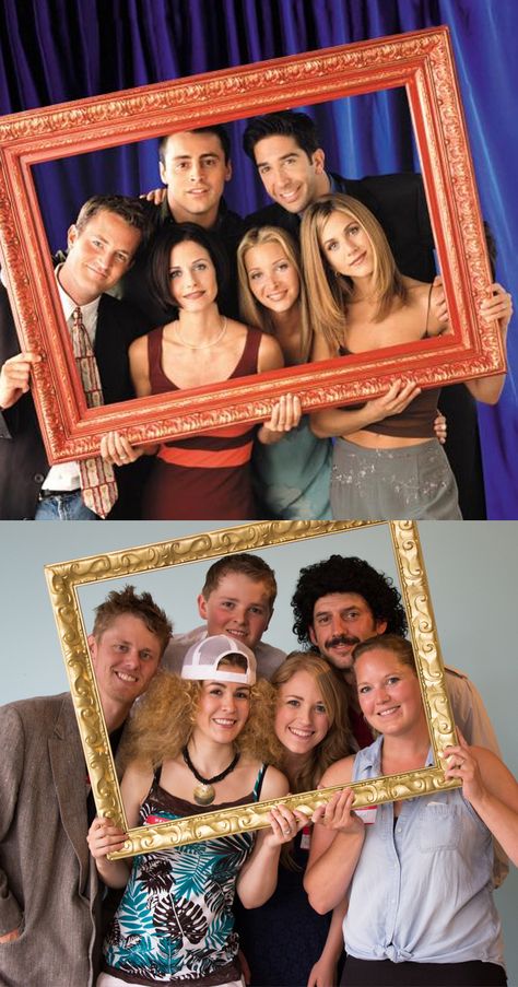 Us re-creating this iconic Friends Pose-Everyone came to the surprise graduation party dressed as a different F.R.I.E.N.D.S character! F.r.i.e.n.d.s Birthday Party Ideas, Iconic Theme Party, Friends Backdrop Ideas, Friends The One Where They Graduate, Friends Theme Invitation, Friends Party Theme Ideas Diy, F.r.i.e.n.d.s Themed Party, Sweet 16 Friends Theme, F.r.i.e.n.d.s Party Ideas