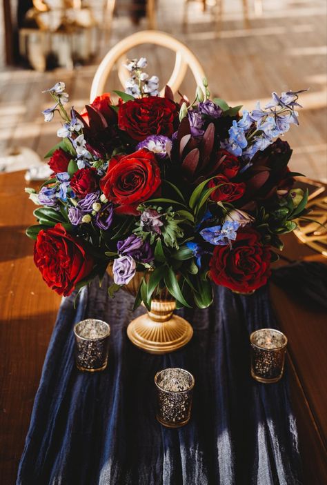 Jewel Tone And Black Wedding, Gem Tone Wedding Centerpieces, Simple Jewel Tone Wedding Centerpieces, Jewel Tone Table Decor, Jewel Tone Wedding Centerpieces Round Table, Jewel Tone Floral Arrangements, Gem Tone Wedding, Moody Jewel Tone Wedding, Gem Tones Wedding