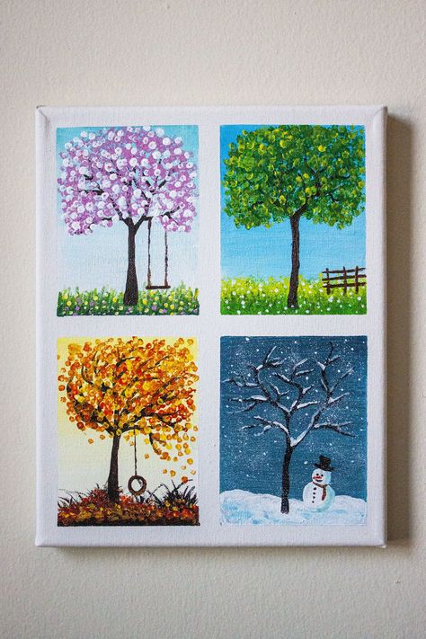 Seasons Tree Painting, Four Seasons Painting, Four Seasons Art, Canvas Art Painting Acrylic, Tree Painting Canvas, Seasons Activities, Seasons Art, Nature Art Painting, Mini Canvas Art