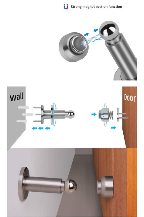 Hommyzone Adjustable Height Magnetic Door Stopper,Magnetic Door Stop, 304 Stainless Steel Door Holder with Wall&Floor Mounted...(Silver) Magnetic Door Stopper, Door Stopper Ideas, Silver Door, Wooden Work, Door Magnet, Magnetic Latch, Door Stoppers, Door Handle Design, Door Holder