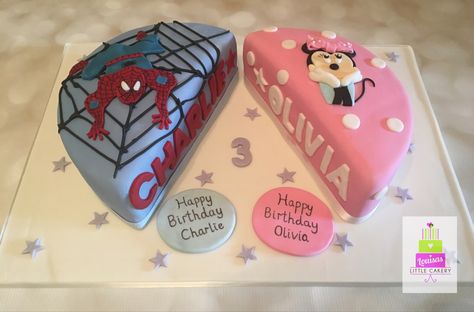 2 Cakes Joined, Dual Cake Design, Split Cake Design, Split Birthday Cake, Birthday Cake For Twins, Cakes For Twins, Princess Cupcake Cake, 2nd Birthday Cake Boy, Twin Birthday Ideas