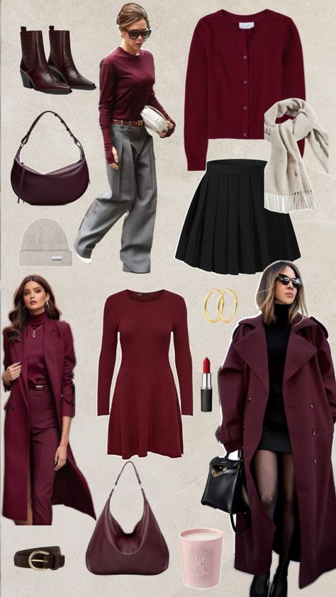 Autumn fall dark red burgundy outfit cardigan clothing bag ganni hat leather boots wool coat inspiration demure aesthetic Burgundy Coat Outfit, Burgundy Cardigan Outfit, Red Coat Outfit, Demure Outfit, Coat Inspiration, Classy Old Money, Cardigan Fall Outfit, Fall Girl, Burgundy Bag