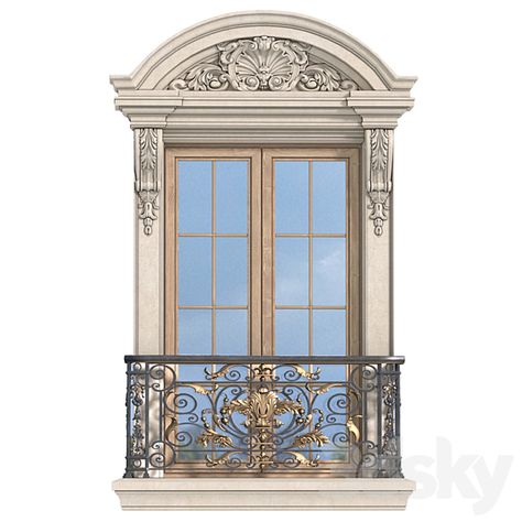 3d models: Facade element - Classic facade window with French balcony. Classic Forged Fence. Frame Window French Architecture Exterior, French Windows Exterior, Classic Facade Design, Delhi Cafe, French Facade, Facade Window, Cafe Floor, Classic Fence, Baroque Interior Design