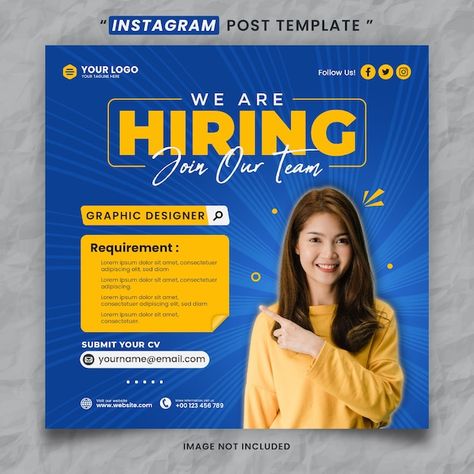 Job Advertisement Design Social Media, Hiring Post Design Social Media, Now Hiring Graphic, Job Poster Design Ideas, Posters Templates Design, Recruitment Social Media Posts, We Are Hiring Social Media Post, Job Posting Design, Hiring Poster Design Ideas