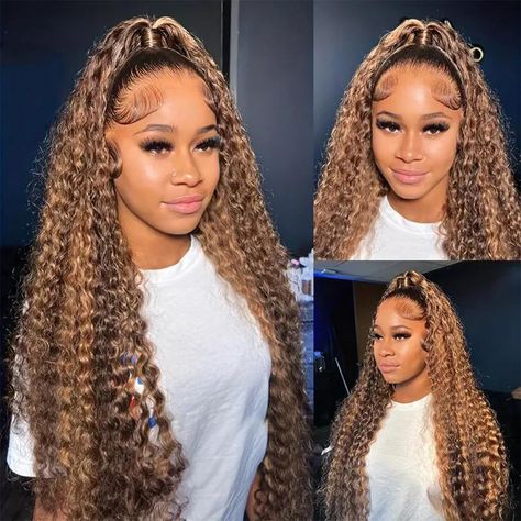 PRICES MAY VARY. HIGHLIGHT LACE FRONT WIGS HUMAN HAIR MATERIA: 10A Brazilian Virgin Human Hair for Women, 13x6 deep wave lace front wigs human hair, Glueless, Invisible, Soft, Natural and Healthy. No Smell, no shedding and tangle-free. Can be dyed, strighted, and restyled as your own hair 13x6 LACE FRONTAL HUMAN HAIR WIGS: 13 inch Ear to Ear HD transparent lace front wigs, 6 inch Parting Space, can be restyled to middle part or said part as you wish. HD Lace, very soft and invisible, melt with y Curly Highlights, Curly Lace Frontal, Curly Lace Wig, Color Rubio, Ombre Lace Front, Straight Hair Bundles, Ombre Lace, Frontal Hairstyles, Honey Hair