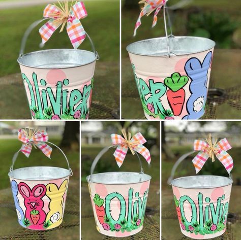 Painted Easter Bucket, Easter Gifts For Adults, Painted Easter Baskets, Painted Buckets, Pink Easter Basket, Easter Pail, Personalized Easter Bucket, Easter Gift For Adults, Creative Easter Baskets