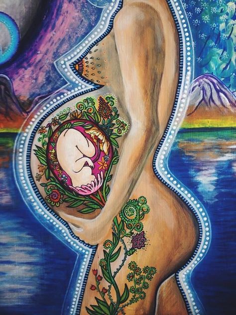 Pregnant Spiritual Art, Pregnant Goddess Art, Art About Motherhood, Mother Earth Pregnant, Baby In Womb Art, Pregnant Painting, Maternity Painting, Pregnancy Painting, Spiritual Pregnancy