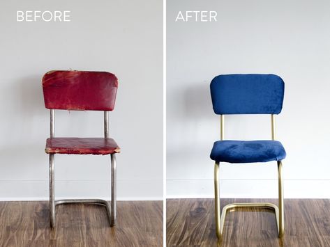 Painting Metal Chairs, School Chair Makeover, Painted Metal Chairs, Old Metal Chairs, Eclectic Office, Office Chair Makeover, Upcycle Chair, Sewing Upholstery, Painting Metal