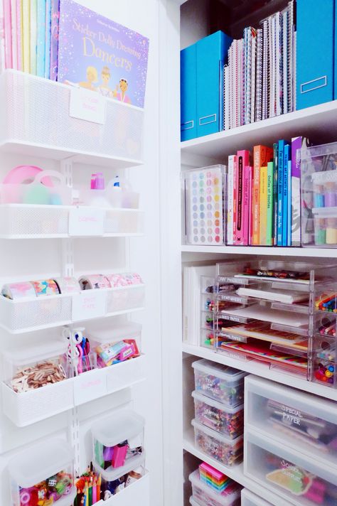 Craft closet. #thehomeedit Homeschool Closet, Closet Office Organization, Craft Closet Organization, Home Office Closet, Cleaning Supplies Organization, Craft Storage Organization, Craft Closet, Girls Playroom, Dream Craft Room