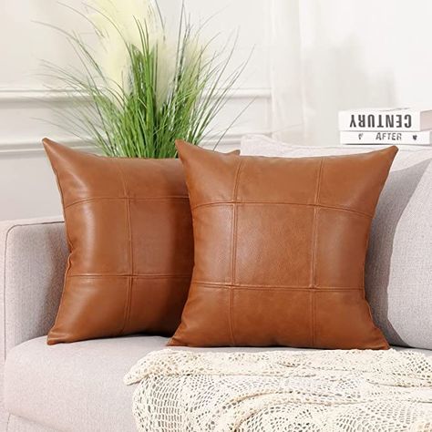 Set of 2 Classic Plaid Faux Leather Decorative Throw Pillow Covers,Hand Stitched Modern Luxury Vegan Outdoor Cushion Cases Pillowcases for Couch Sofa Bed Farmhouse 16x16 Inches Brown #vegan #pillow #outdoor #indoor #sofa #couch #bed #modernfarmhouse #modern #camel Farmhouse Decorative Pillows, Leather Throw Pillows, Leather Pillow, Leather Cushion, Checkerboard Pattern, Sofa Couch Bed, Decorative Throw Pillow Covers, Decorative Throws, Outdoor Cushions