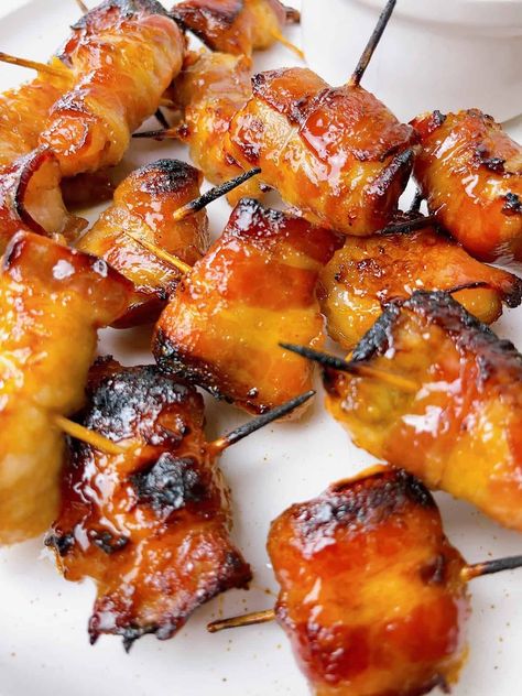 Salmon Bacon Bites, Bacon And Salmon Recipes, Maple Salmon Bites, Sauteed Salmon Bites, Bacon Wrapped Salmon Bites, Maple Bourbon Sauce, Maple Bourbon Bacon, Bacon Wrapped Salmon, Bacon Salmon