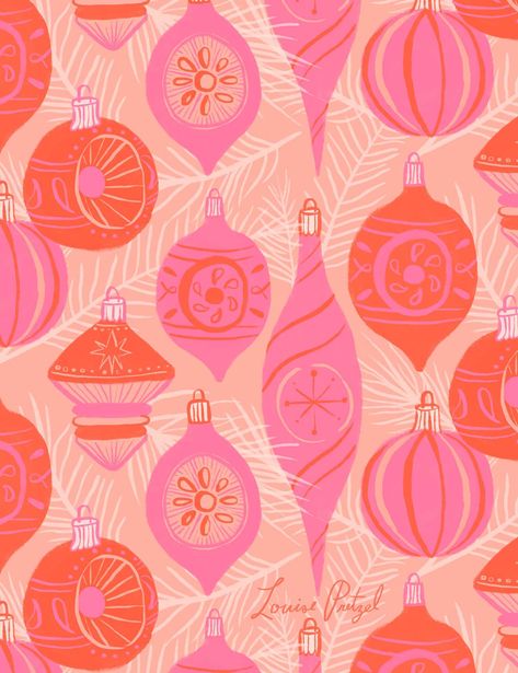 Modern surface pattern design of pink red and blush retro Christmas ornaments with illustrated line art details, inspired by the Shiny Bright designs of the 1950's. Illustration © Louise Pretzel #ornaments #christmasdecor #christmasdecorations #christmasinspiration #deckthehalls #vintageornaments #retroinspired #vintage Christmas Wallpaper For Phone, Louise Pretzel, Vintage Christmas Wallpaper, Christmas Card Illustration, Wallpaper For Phone, Christmas Phone Wallpaper, Christmas Inspo, Holiday Colors, Christmas Mood